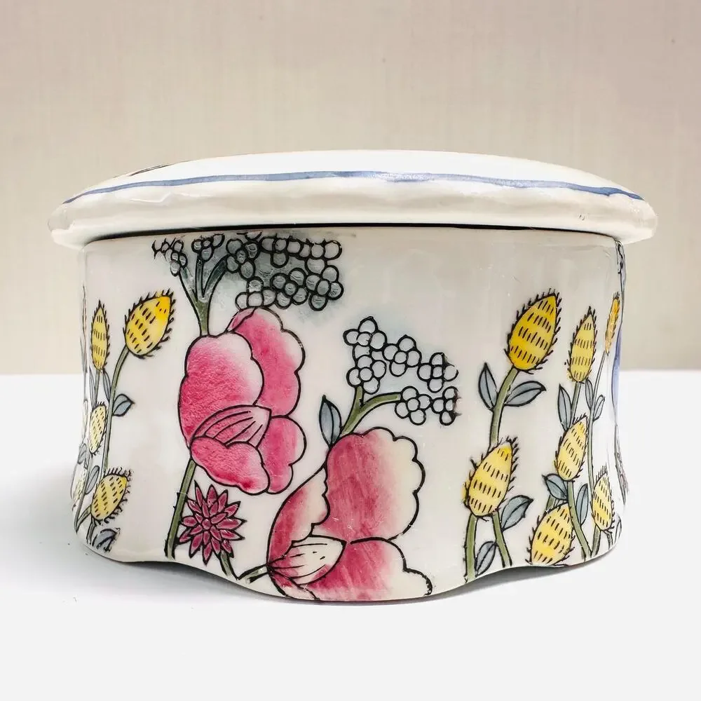 Vintage Floral Asian Trinket Jewelry Storage Box Lidded